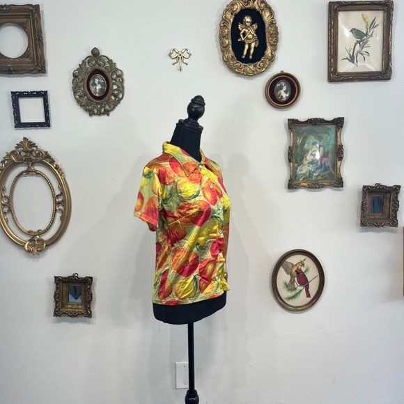 Vintage Y2k Cheryl Creations Abstract Fruit Print Satin Button-Up Top Size Large - Picture 2 of 6